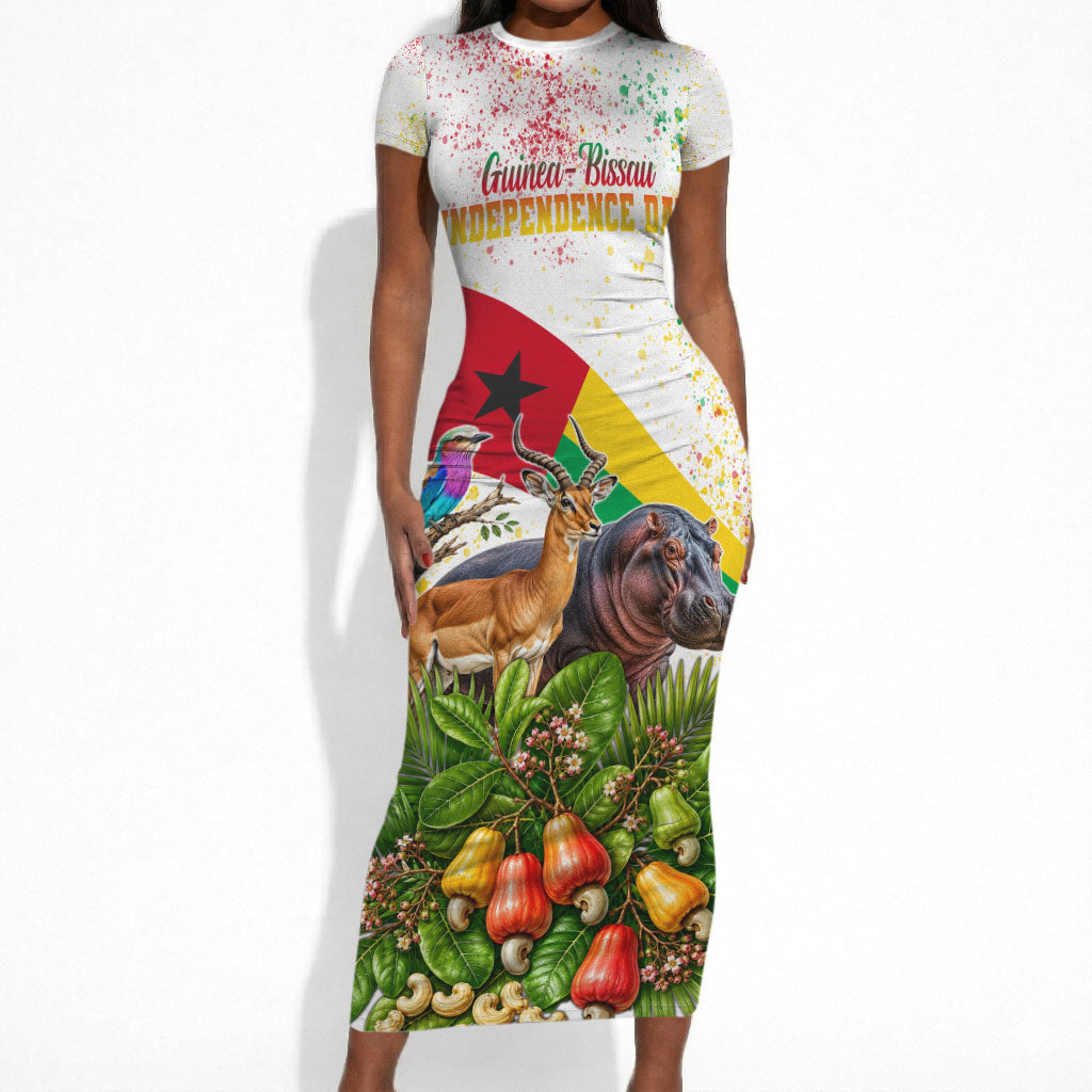 Guinea-Bissau Independence Day Short Sleeve Bodycon Dress African Wildlife Cashew Harvest National Flag
