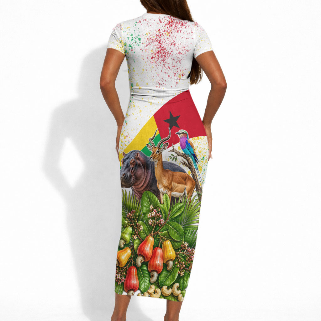 Guinea-Bissau Independence Day Short Sleeve Bodycon Dress African Wildlife Cashew Harvest National Flag