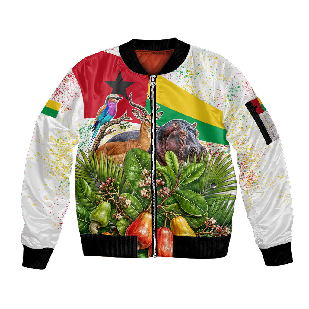 Guinea-Bissau Independence Day Sleeve Zip Bomber Jacket African Wildlife Cashew Harvest National Flag