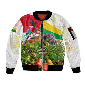Guinea-Bissau Independence Day Sleeve Zip Bomber Jacket African Wildlife Cashew Harvest National Flag