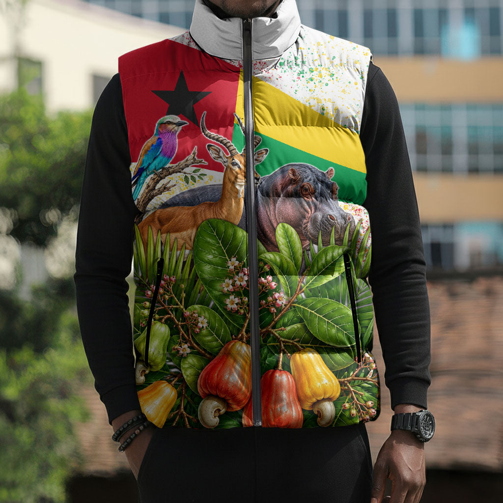 Guinea-Bissau Independence Day Sleeveless Puffer Jacket African Wildlife Cashew Harvest National Flag