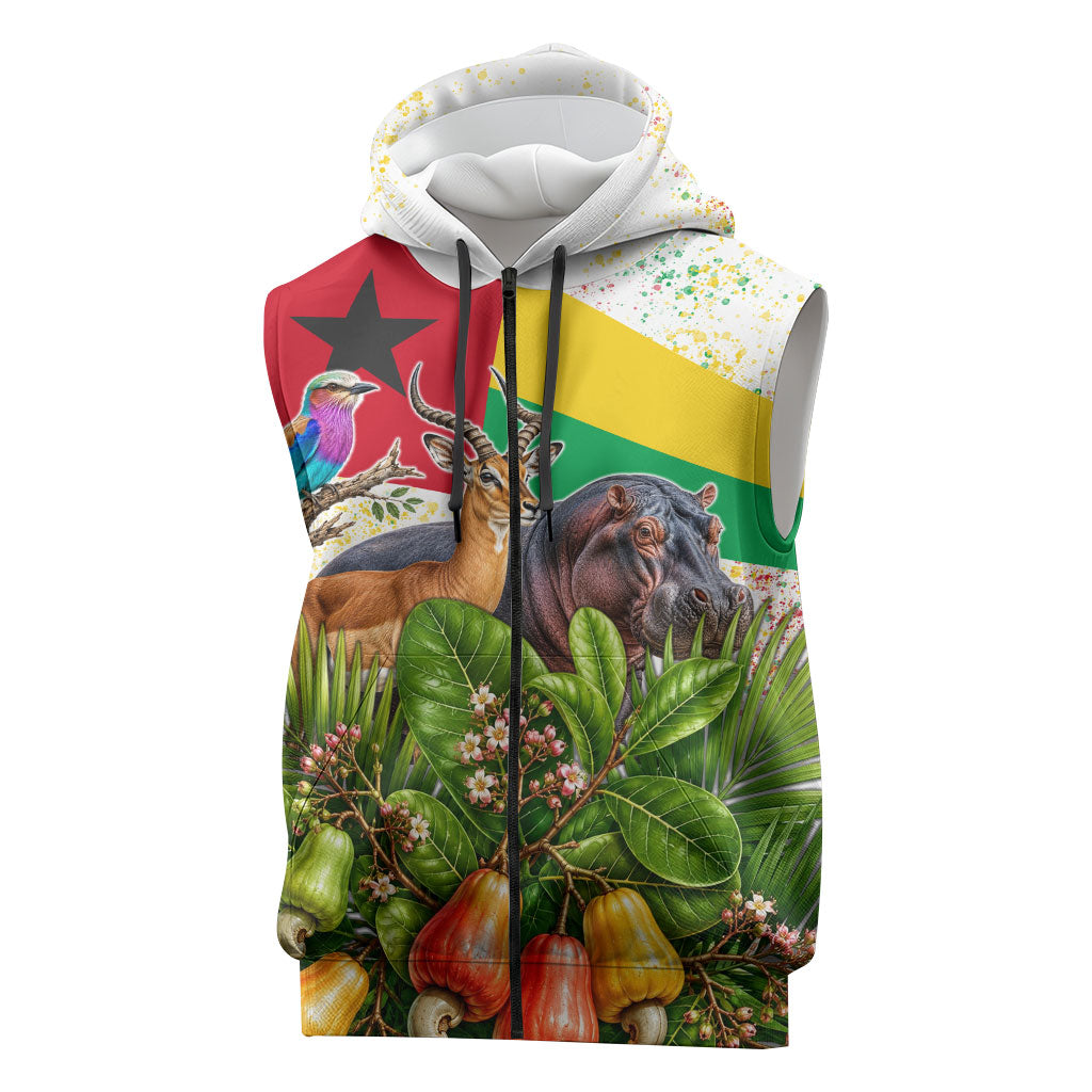 Guinea-Bissau Independence Day Sleeveless Zip Hoodie African Wildlife Cashew Harvest National Flag