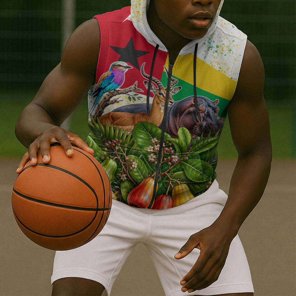 Guinea-Bissau Independence Day Sleeveless Zip Hoodie African Wildlife Cashew Harvest National Flag
