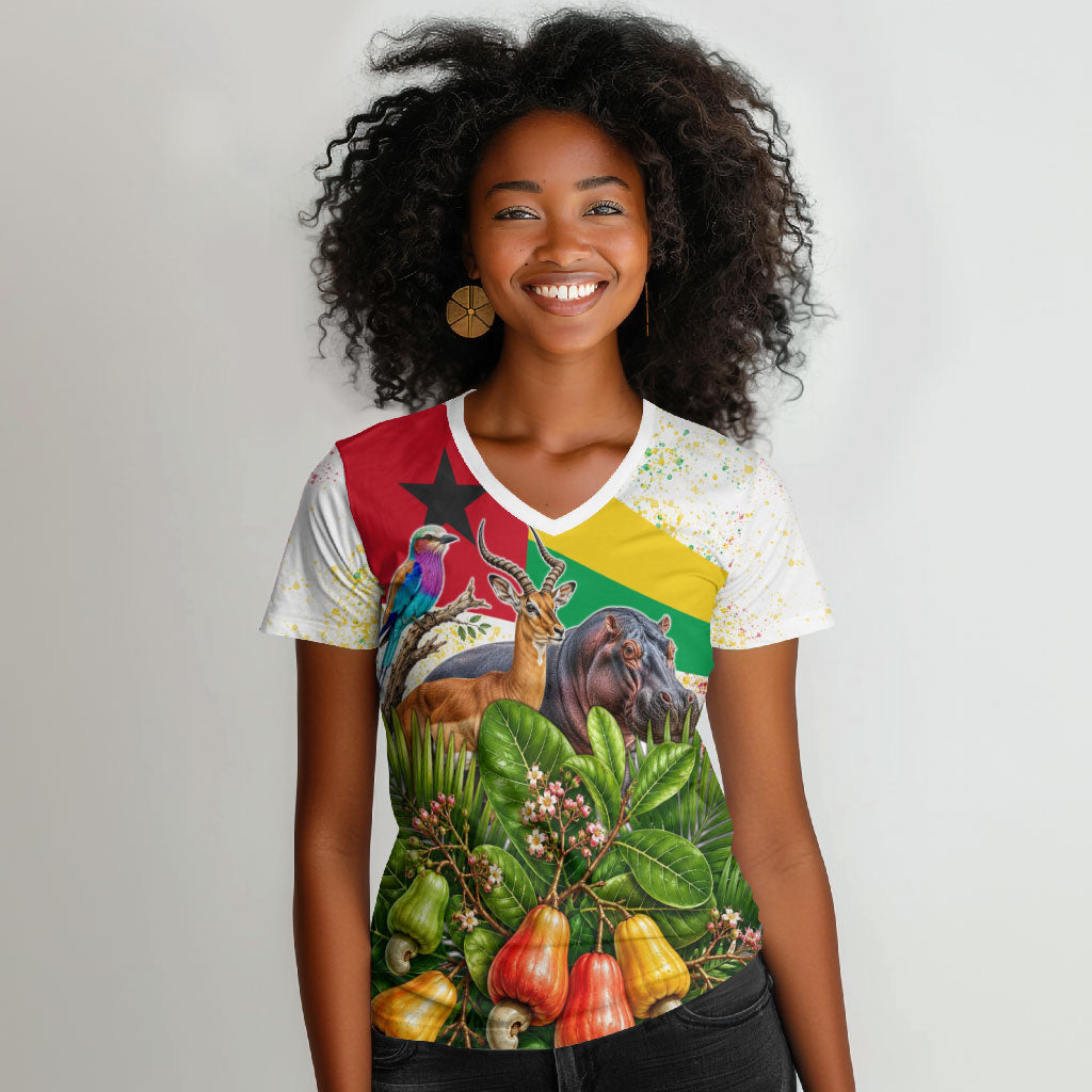 Guinea-Bissau Independence Day Women V-Neck T-Shirt African Wildlife Cashew Harvest National Flag