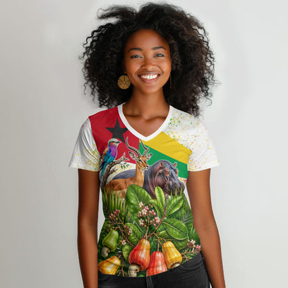 Guinea-Bissau Independence Day Women V-Neck T-Shirt African Wildlife Cashew Harvest National Flag