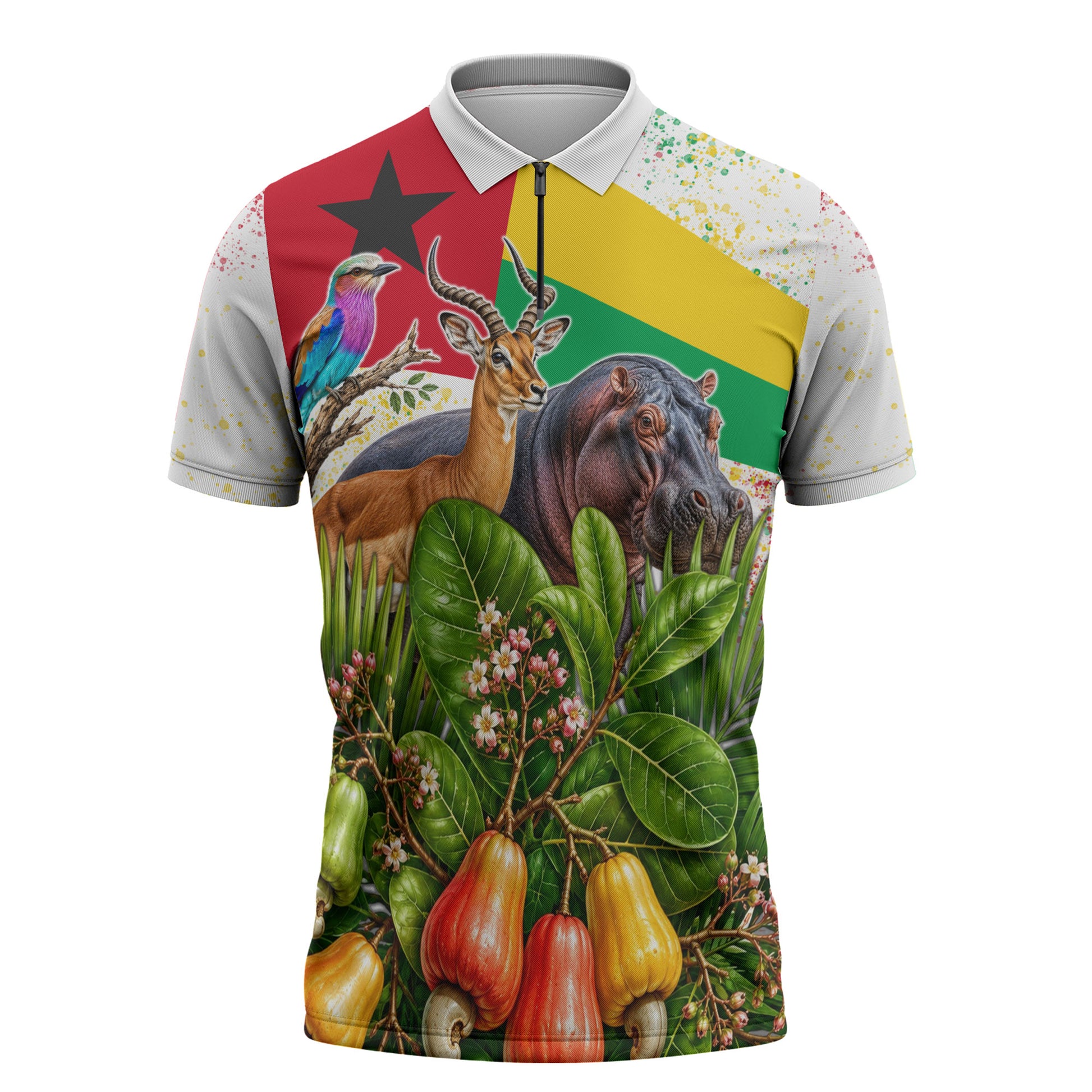 Guinea-Bissau Independence Day Zipper Polo Shirt African Wildlife Cashew Harvest National Flag
