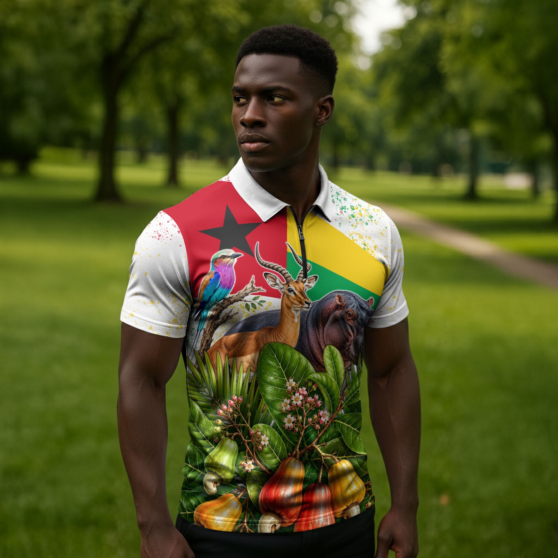 Guinea-Bissau Independence Day Zipper Polo Shirt African Wildlife Cashew Harvest National Flag
