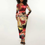 Amunet Long Sleeve Bodycon Dress with Egyptian Queen Portrait Ancient Mythology