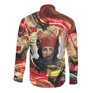 Amunet Long Sleeve Button Shirt with Egyptian Queen Portrait Ancient Mythology
