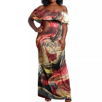 Amunet Off Shoulder Maxi Dress with Egyptian Queen Portrait Ancient Mythology