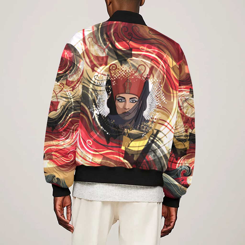Amunet Sleeve Zip Bomber Jacket with Egyptian Queen Portrait Ancient Mythology