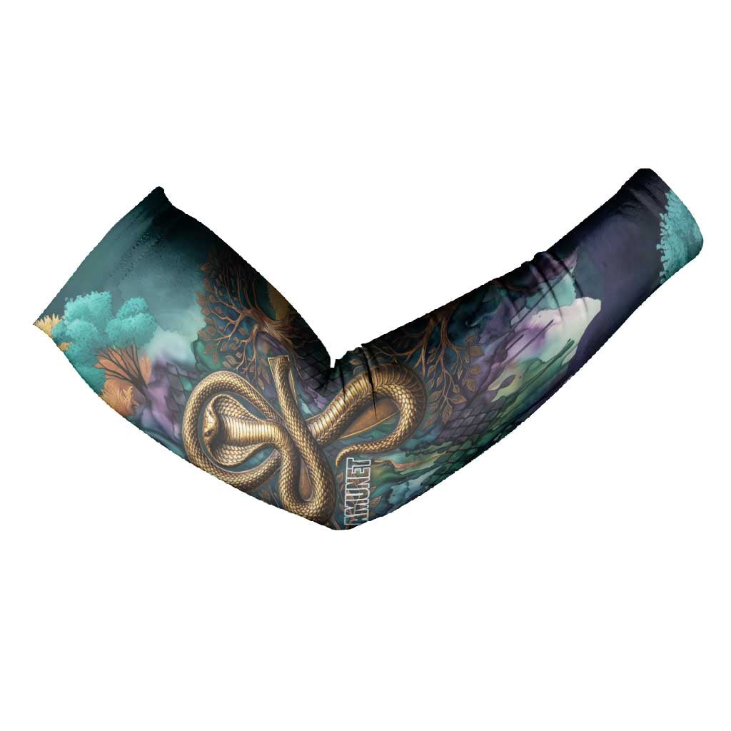 Amunet Ancient Temple Egyptian Arm Sleeves with Golden Serpent Mythology in Teal Tones