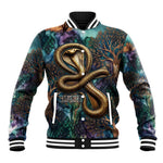 Amunet Ancient Temple Egyptian Baseball Jacket with Golden Serpent Mythology in Teal Tones