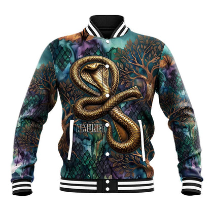 Amunet Ancient Temple Egyptian Baseball Jacket with Golden Serpent Mythology in Teal Tones