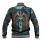 Amunet Ancient Temple Egyptian Baseball Jacket with Golden Serpent Mythology in Teal Tones