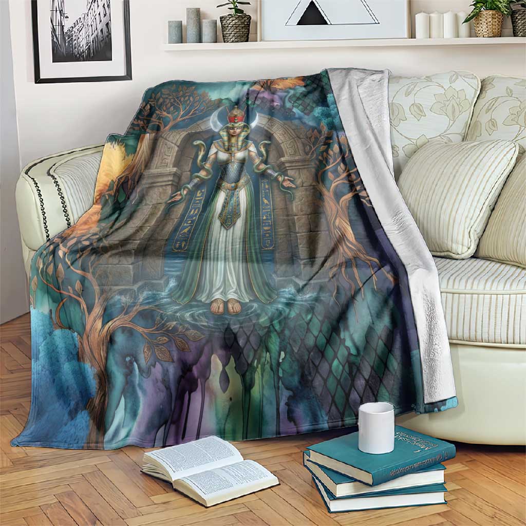 Amunet Ancient Temple Egyptian Blanket with Golden Serpent Mythology in Teal Tones