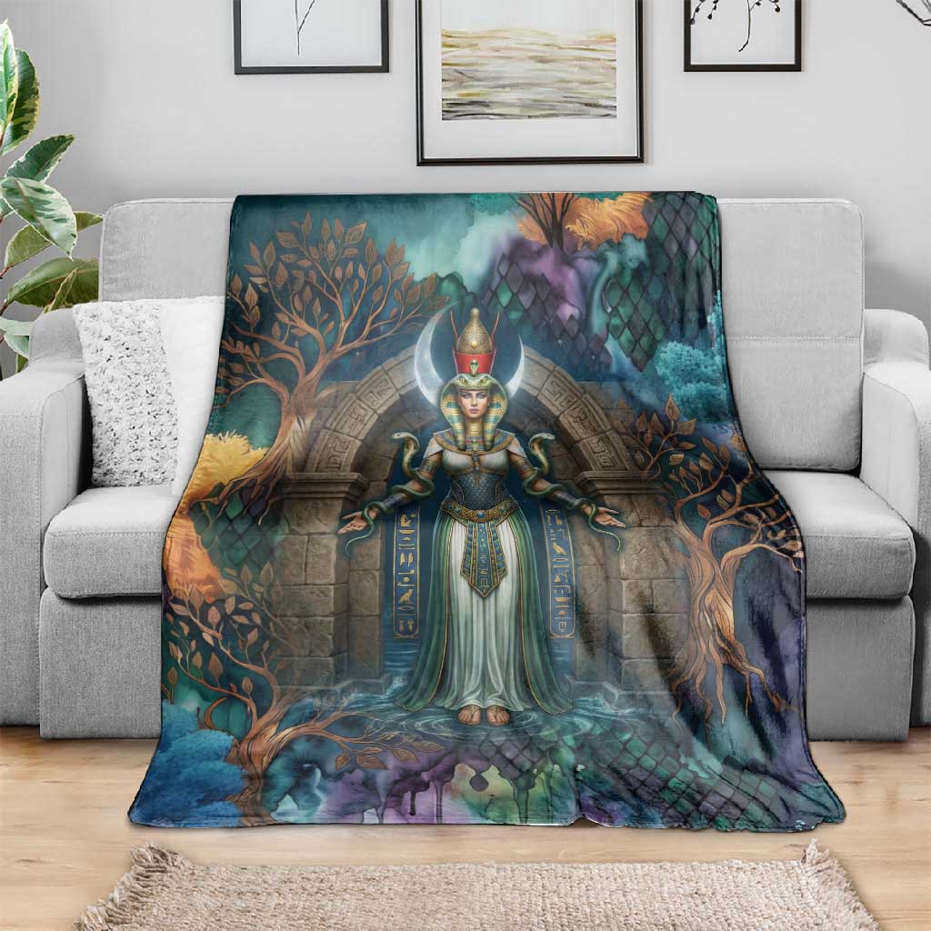 Amunet Ancient Temple Egyptian Blanket with Golden Serpent Mythology in Teal Tones