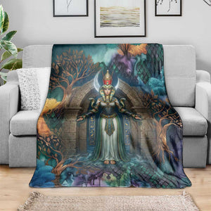 Amunet Ancient Temple Egyptian Blanket with Golden Serpent Mythology in Teal Tones