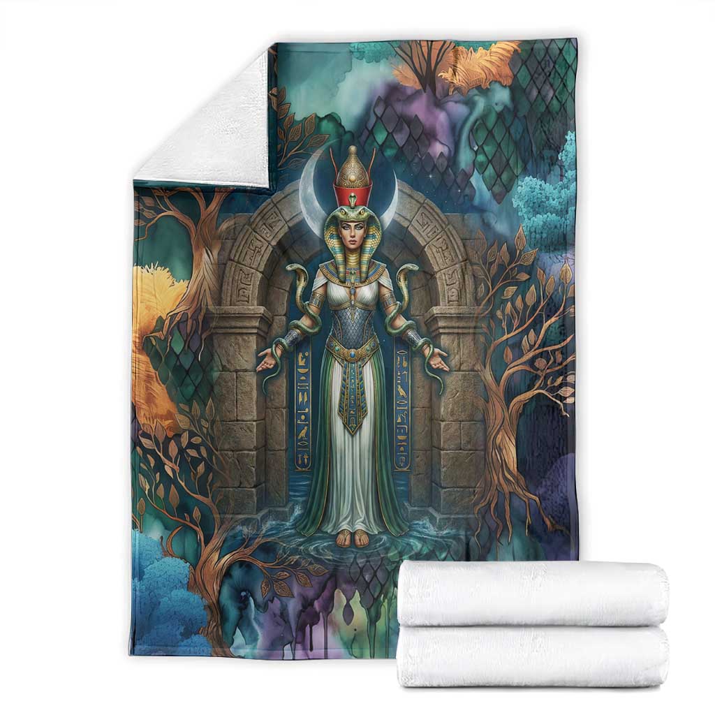 Amunet Ancient Temple Egyptian Blanket with Golden Serpent Mythology in Teal Tones