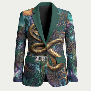 Amunet Ancient Temple Egyptian Blazer with Golden Serpent Mythology in Teal Tones