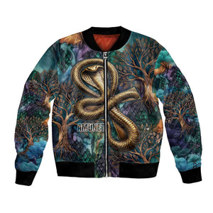 Amunet Ancient Temple Egyptian Bomber Jacket with Golden Serpent Mythology in Teal Tones