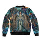 Amunet Ancient Temple Egyptian Bomber Jacket with Golden Serpent Mythology in Teal Tones