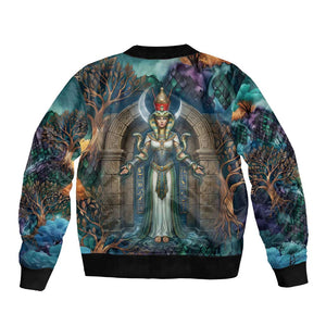 Amunet Ancient Temple Egyptian Bomber Jacket with Golden Serpent Mythology in Teal Tones