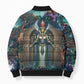 Amunet Ancient Temple Egyptian Bomber Puffer Jacket with Golden Serpent Mythology in Teal Tones