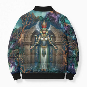 Amunet Ancient Temple Egyptian Bomber Puffer Jacket with Golden Serpent Mythology in Teal Tones