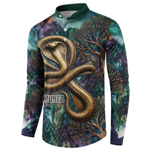 Amunet Ancient Temple Egyptian Button Sweatshirt with Golden Serpent Mythology in Teal Tones