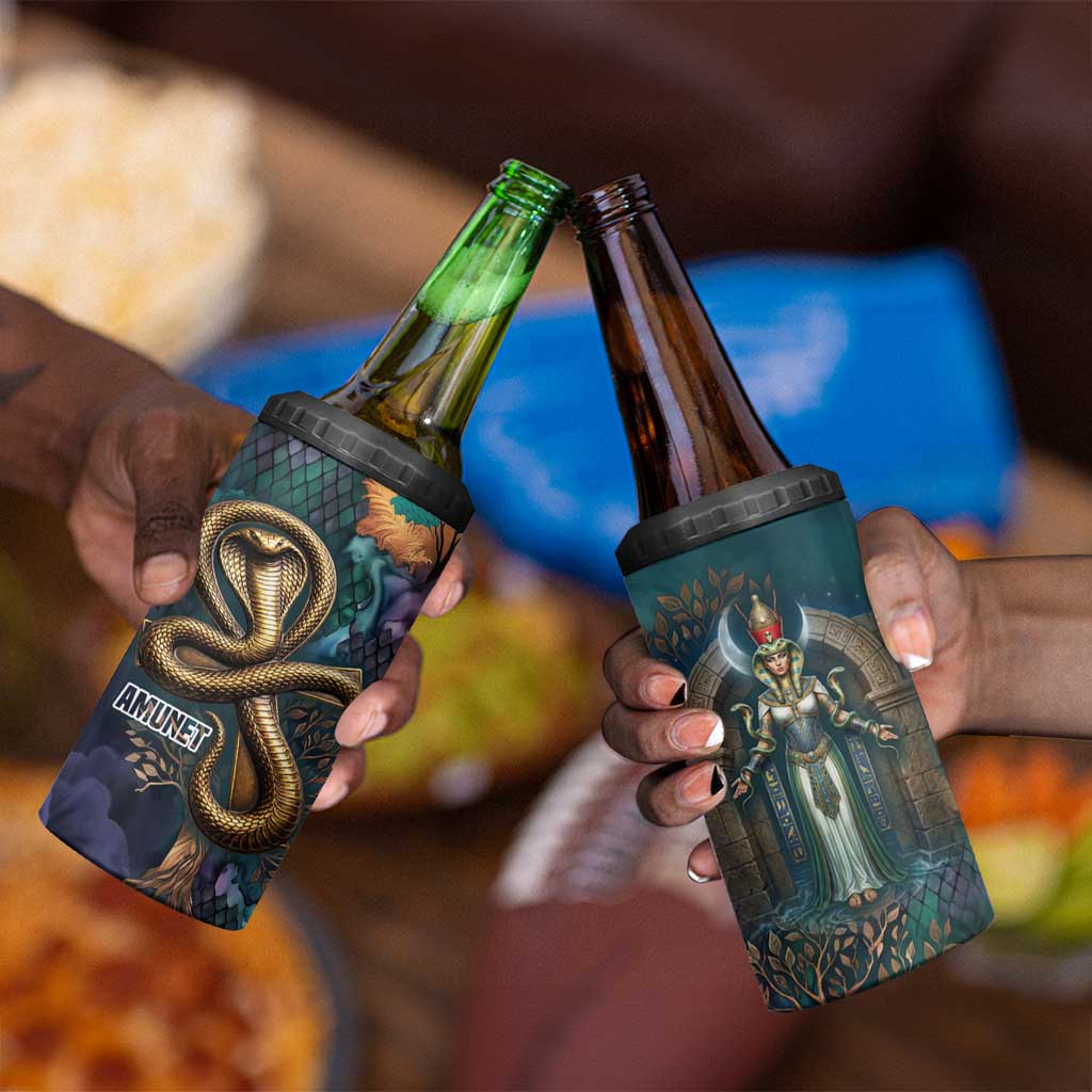 Amunet Ancient Temple Egyptian 4 in 1 Can Cooler Tumbler with Golden Serpent Mythology in Teal Tones