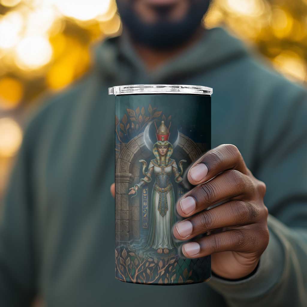 Amunet Ancient Temple Egyptian 4 in 1 Can Cooler Tumbler with Golden Serpent Mythology in Teal Tones