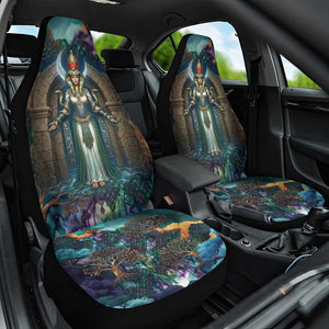 Amunet Ancient Temple Egyptian Car Seat Cover with Golden Serpent Mythology in Teal Tones