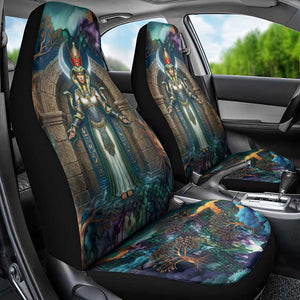 Amunet Ancient Temple Egyptian Car Seat Cover with Golden Serpent Mythology in Teal Tones