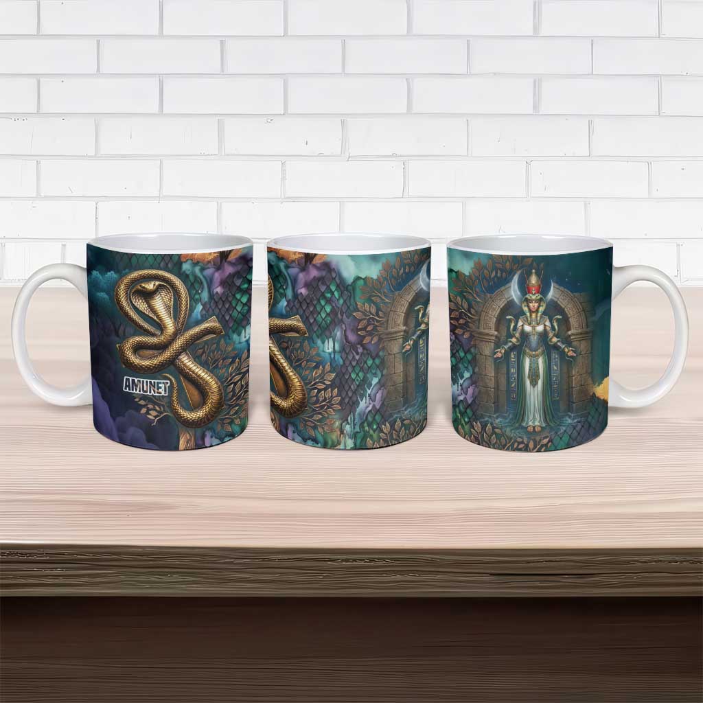 Amunet Ancient Temple Egyptian Ceramic Mug with Golden Serpent Mythology in Teal Tones