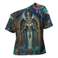 Amunet Ancient Temple Egyptian Cross Shoulder Shirt with Golden Serpent Mythology in Teal Tones