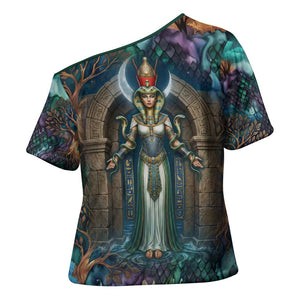 Amunet Ancient Temple Egyptian Cross Shoulder Shirt with Golden Serpent Mythology in Teal Tones