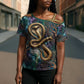 Amunet Ancient Temple Egyptian Cross Shoulder Shirt with Golden Serpent Mythology in Teal Tones