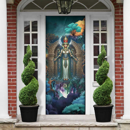 Amunet Ancient Temple Egyptian Door Cover with Golden Serpent Mythology in Teal Tones