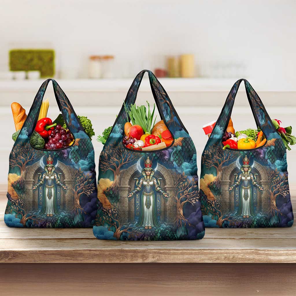 Amunet Ancient Temple Egyptian Grocery Bag with Golden Serpent Mythology in Teal Tones