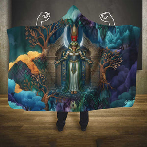 Amunet Ancient Temple Egyptian Hooded Blanket with Golden Serpent Mythology in Teal Tones