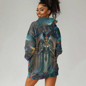 Amunet Ancient Temple Egyptian Hoodie Dress with Golden Serpent Mythology in Teal Tones