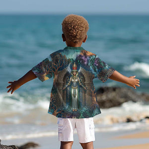 Amunet Ancient Temple Egyptian Kid Hawaiian Shirt with Golden Serpent Mythology in Teal Tones