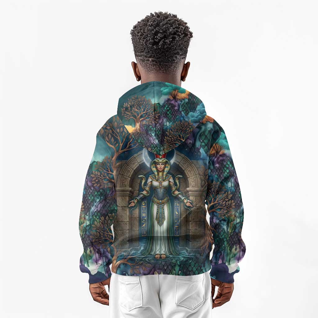 Amunet Ancient Temple Egyptian Kid Hoodie with Golden Serpent Mythology in Teal Tones