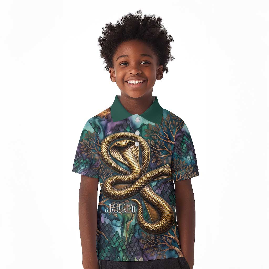 Amunet Ancient Temple Egyptian Kid Polo Shirt with Golden Serpent Mythology in Teal Tones