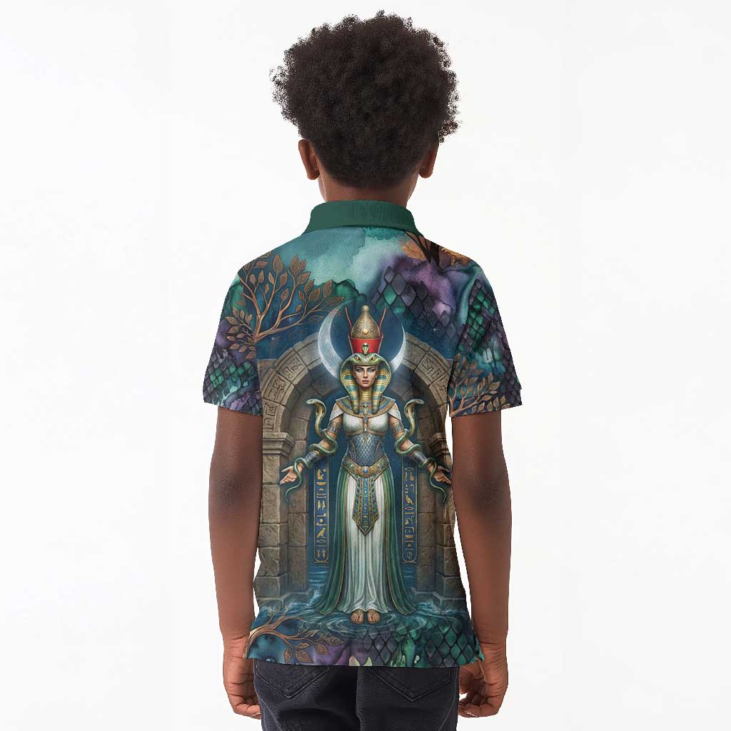 Amunet Ancient Temple Egyptian Kid Polo Shirt with Golden Serpent Mythology in Teal Tones