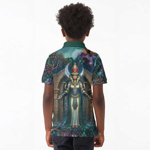 Amunet Ancient Temple Egyptian Kid Polo Shirt with Golden Serpent Mythology in Teal Tones