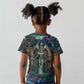 Amunet Ancient Temple Egyptian Kid T shirt with Golden Serpent Mythology in Teal Tones