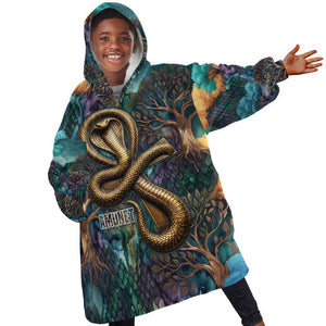 Amunet Ancient Temple Egyptian Kid Wearable Blanket Hoodie with Golden Serpent Mythology in Teal Tones