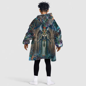 Amunet Ancient Temple Egyptian Kid Wearable Blanket Hoodie with Golden Serpent Mythology in Teal Tones